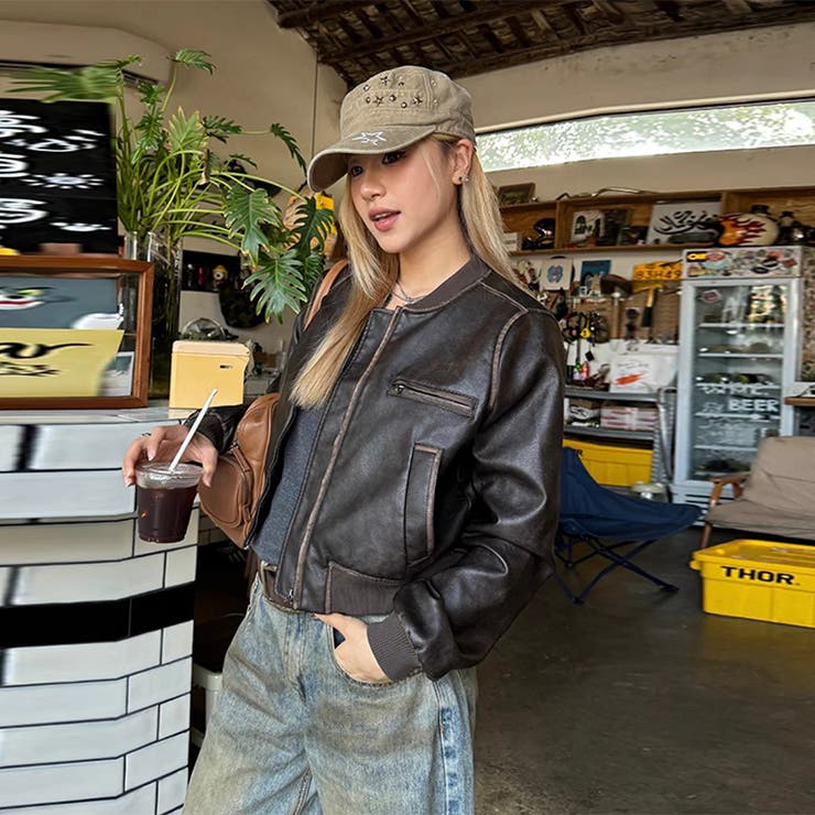 ユニセックス☆手作り色落ち加工ショート丈ライダースジャケットレザージャケット | 17kg | 詳細画像8 