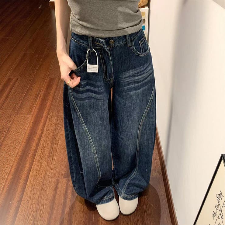 ブルー | ゆるカワコーデ☆レトロデニムパンツゆったり鎌型ワイドロングパンツ | 17kg