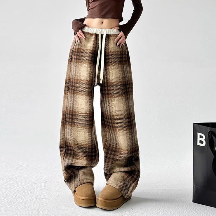 イエロー | ゆるカワコーデ☆ウール混チェックパンツストレートロングパンツ | 17kg