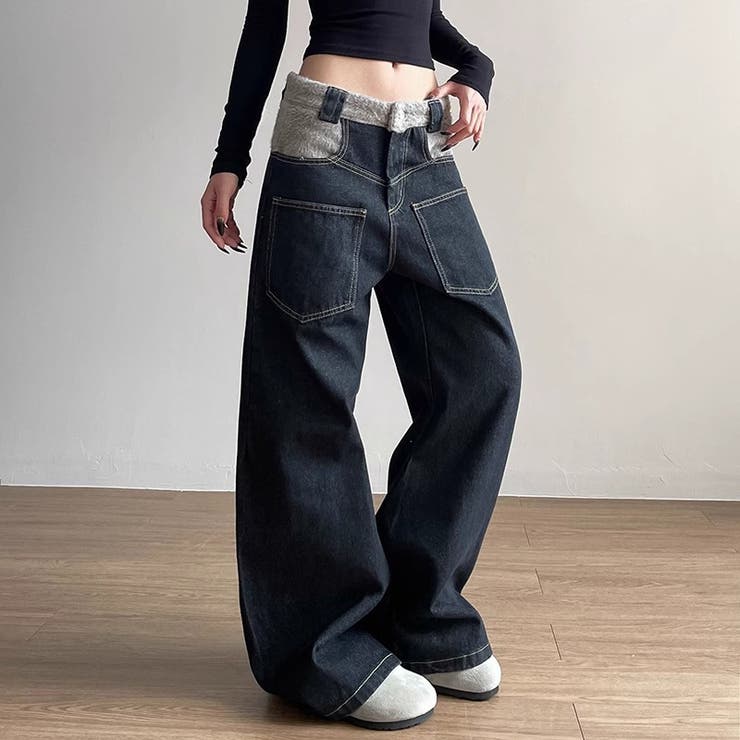 ゆるカワコーデ☆反転着用風パッチワークデニムゆったり弧形セミフレアロングパンツ | 17kg | 詳細画像1 