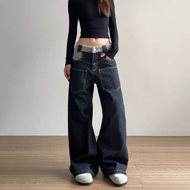 ゆるカワコーデ☆反転着用風パッチワークデニムゆったり弧形セミフレアロングパンツ | 17kg | 詳細画像11 