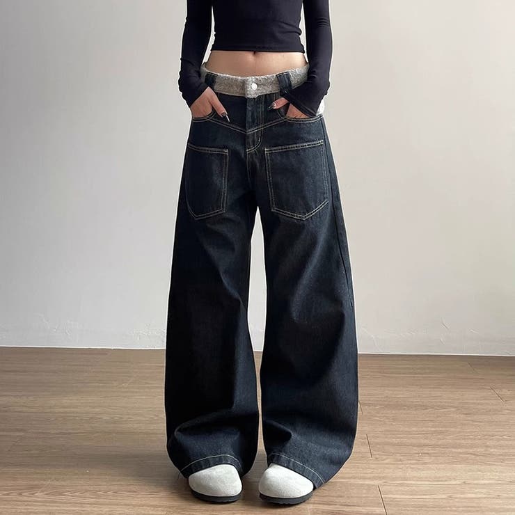 ゆるカワコーデ☆反転着用風パッチワークデニムゆったり弧形セミフレアロングパンツ | 17kg | 詳細画像2 