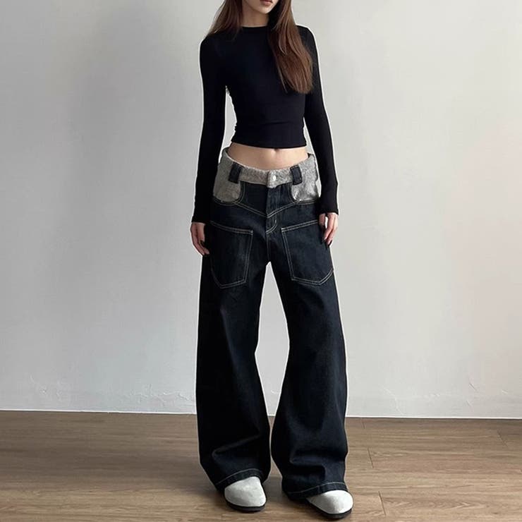 ゆるカワコーデ☆反転着用風パッチワークデニムゆったり弧形セミフレアロングパンツ | 17kg | 詳細画像3 