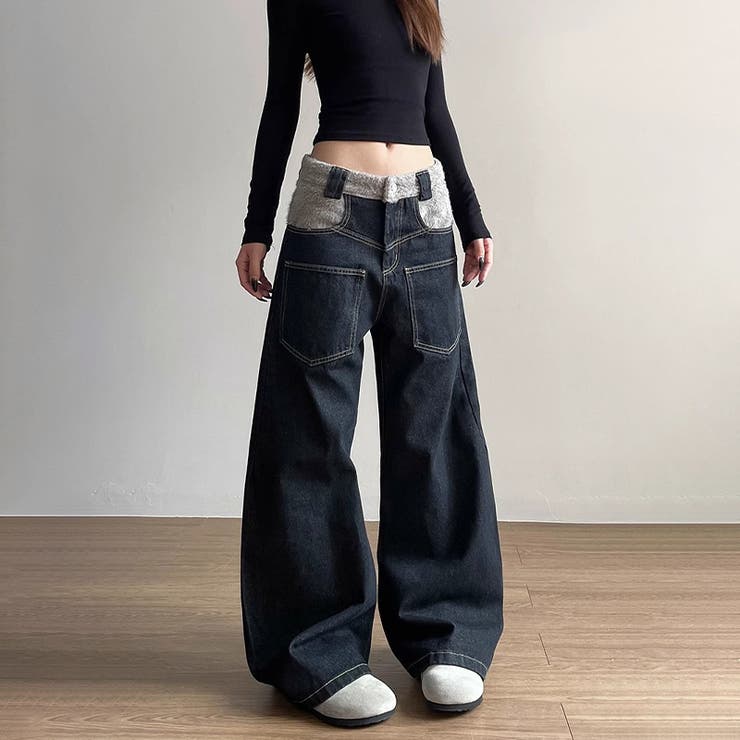 ゆるカワコーデ☆反転着用風パッチワークデニムゆったり弧形セミフレアロングパンツ | 17kg | 詳細画像5 