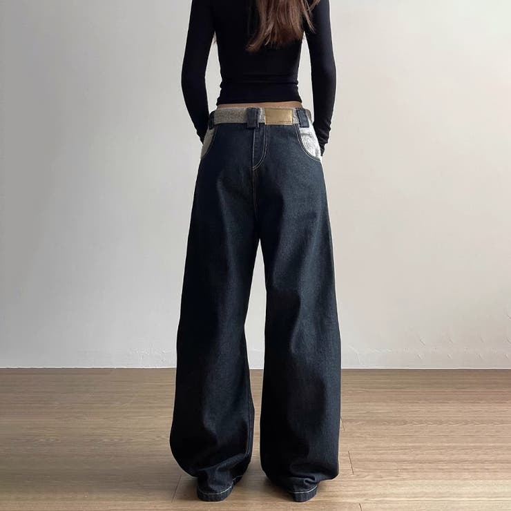 ゆるカワコーデ☆反転着用風パッチワークデニムゆったり弧形セミフレアロングパンツ | 17kg | 詳細画像7 