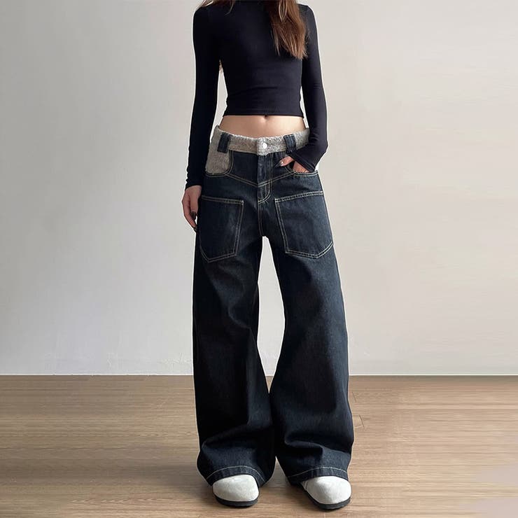 ゆるカワコーデ☆反転着用風パッチワークデニムゆったり弧形セミフレアロングパンツ | 17kg | 詳細画像8 