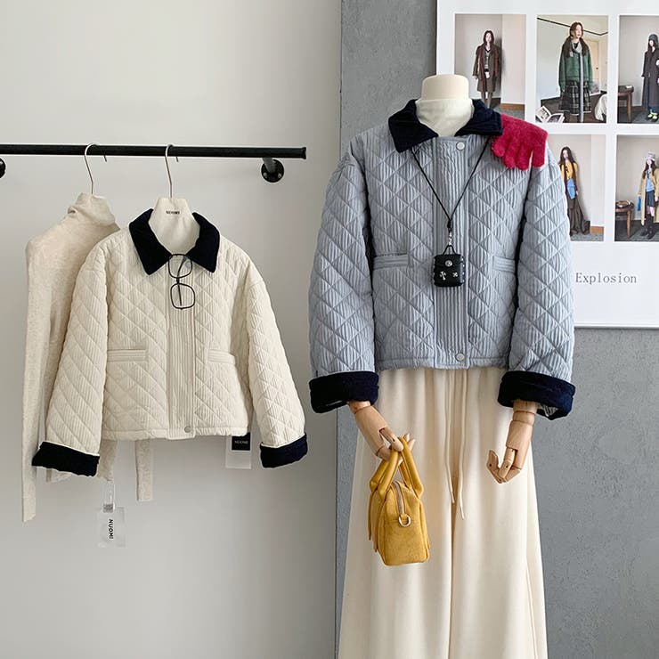 ゆるカワコーデ ダイヤキルト中綿ジャケットショート丈コーデュロイ切替中綿アウター | 17kg | 詳細画像7 