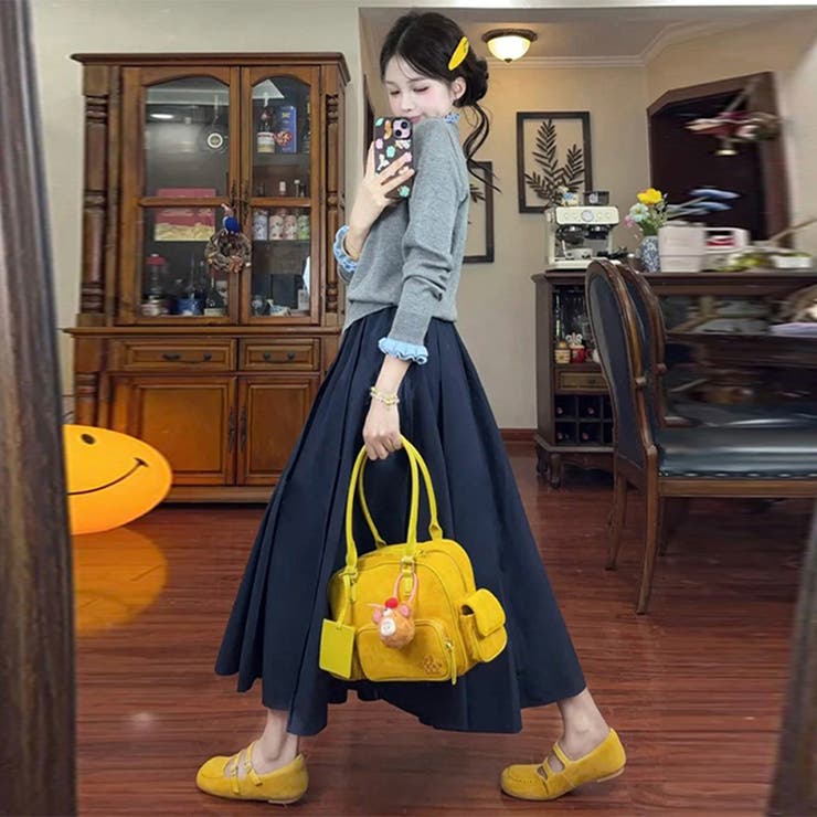 甘辛系ガールズ☆グレー木目フリル立ち襟ニットカーディガン長袖トップス | 17kg | 詳細画像2 