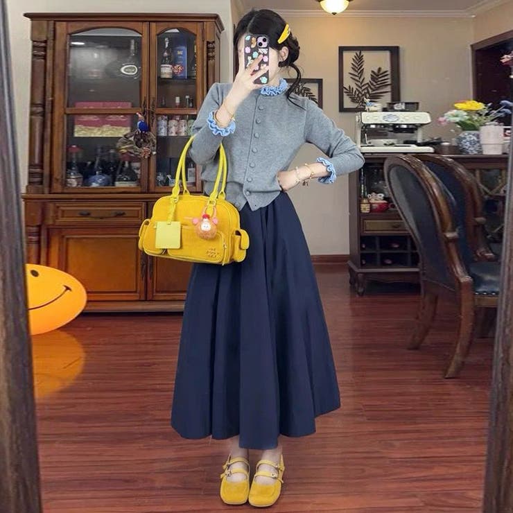 甘辛系ガールズ☆グレー木目フリル立ち襟ニットカーディガン長袖トップス | 17kg | 詳細画像3 