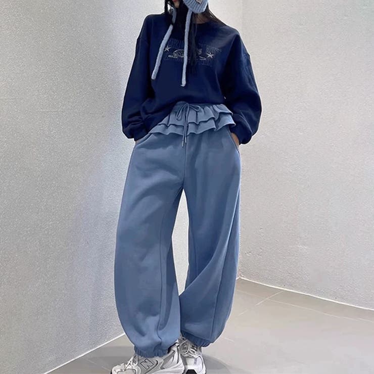 ゆるカワコーデ☆裏起毛裾フリル風フェイクレイヤードスウェットパンツワイドパンツ | 17kg | 詳細画像1 