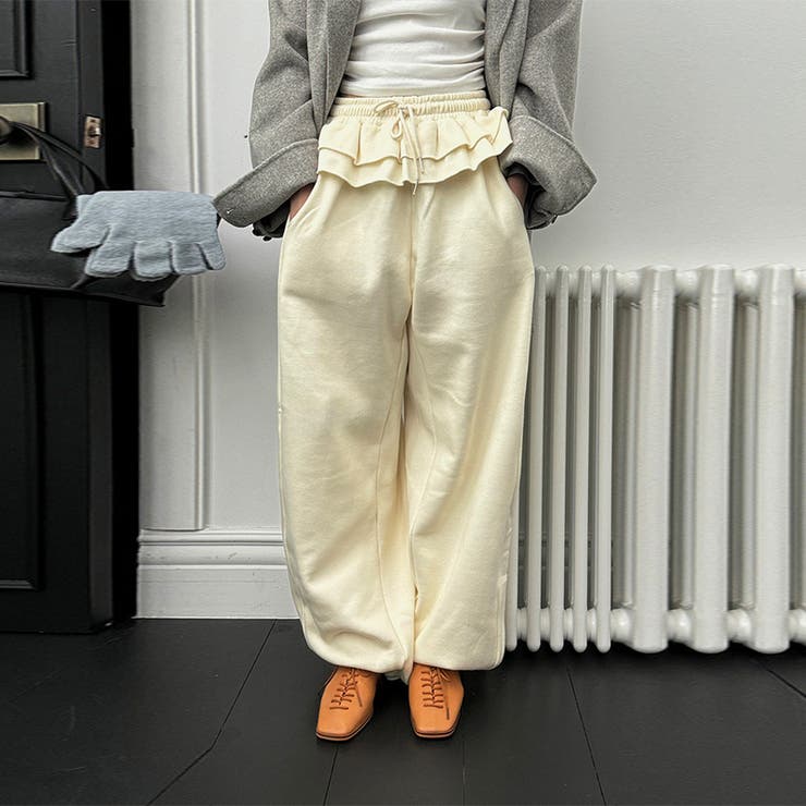 ゆるカワコーデ☆裏起毛裾フリル風フェイクレイヤードスウェットパンツワイドパンツ | 17kg | 詳細画像3 