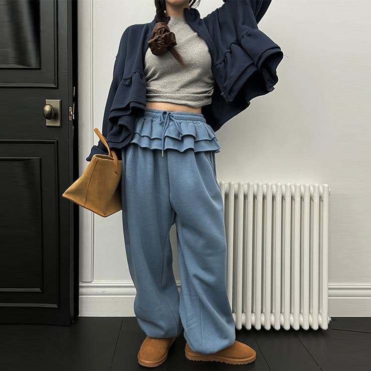 ゆるカワコーデ☆裏起毛裾フリル風フェイクレイヤードスウェットパンツワイドパンツ | 17kg | 詳細画像20 