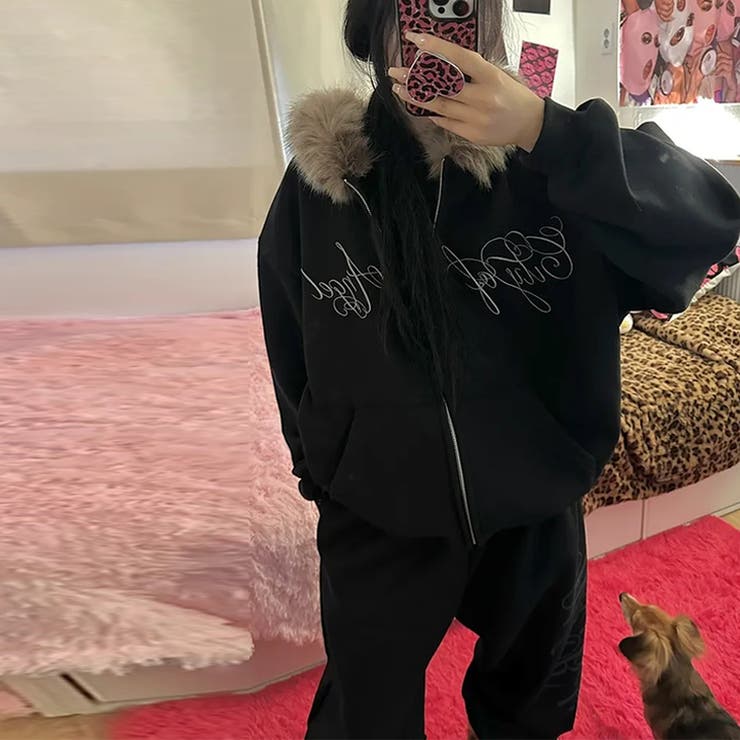 甘辛系ガールズ☆保温裏起毛！大きめファー付き英字ジップパーカーアウター | 17kg | 詳細画像16 
