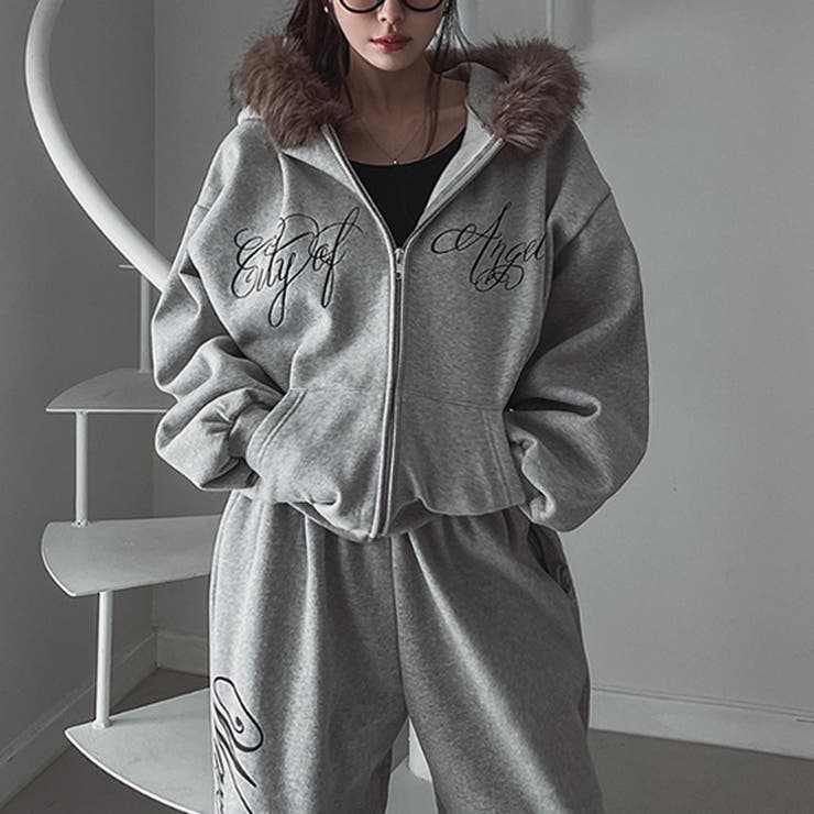 甘辛系ガールズ☆保温裏起毛！大きめファー付き英字ジップパーカーアウター | 17kg | 詳細画像21 