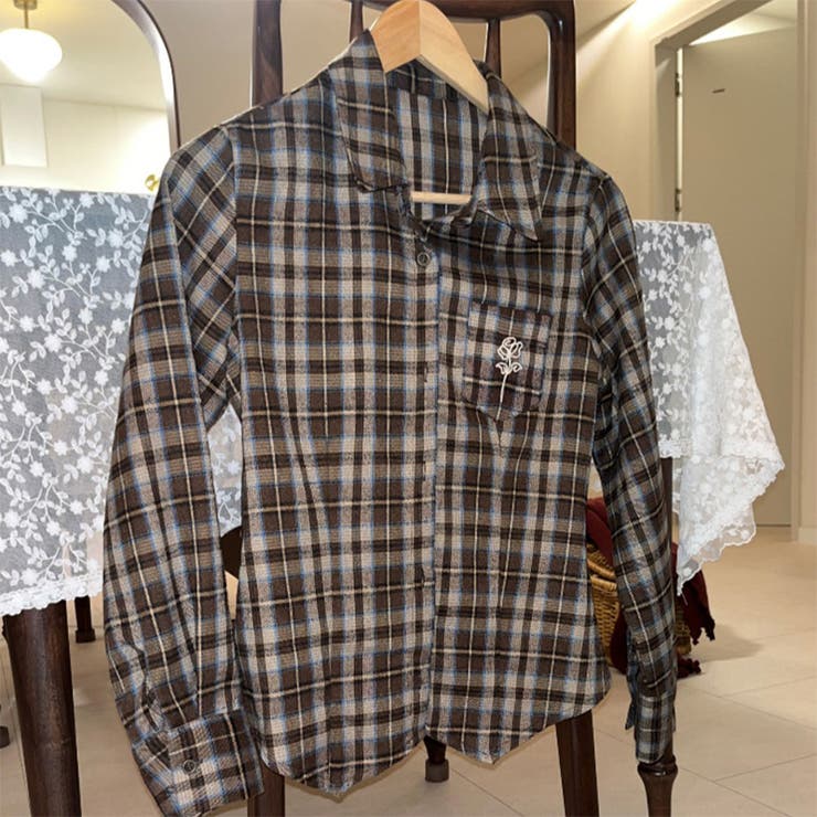 甘辛系ガールズ☆起毛チェック刺繍ローズタイトシャツ長袖 | 17kg | 詳細画像5 