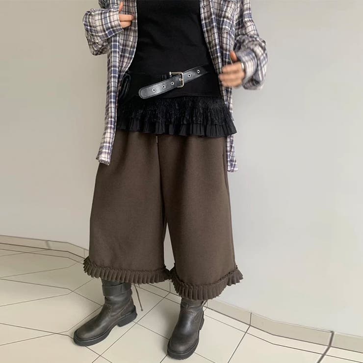 コーヒー | 甘辛系ガールズ☆厚手ウール風フリルプリーツ無 7分丈パンツ | 17kg
