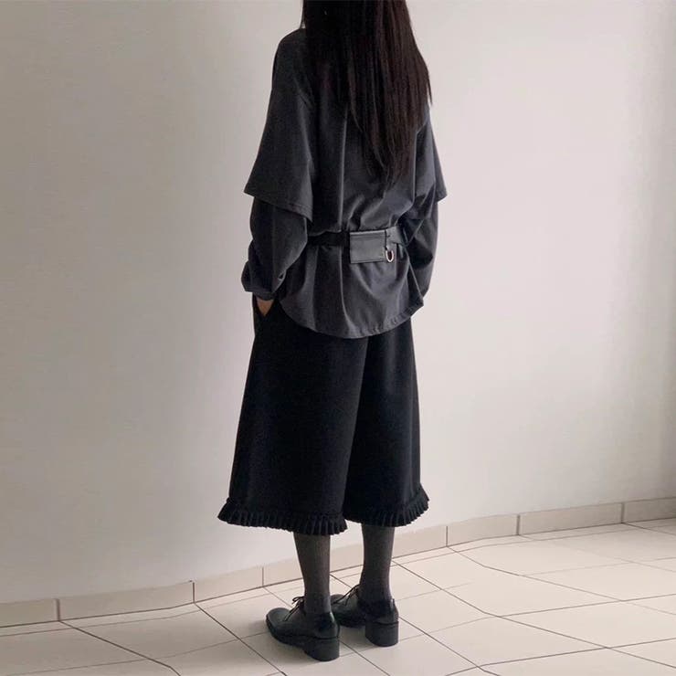 ブラック | 甘辛系ガールズ☆厚手ウール風フリルプリーツ無 7分丈パンツ | 17kg