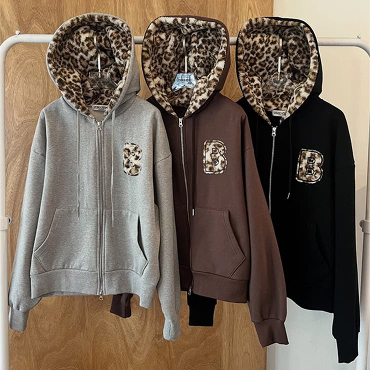 甘辛系ガールズ☆裏起毛厚手レオパード配色ワッペン英字パーカーアウター | 17kg | 詳細画像2 