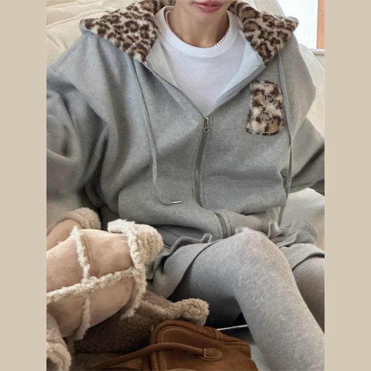 甘辛系ガールズ☆裏起毛厚手レオパード配色ワッペン英字パーカーアウター | 17kg | 詳細画像3 