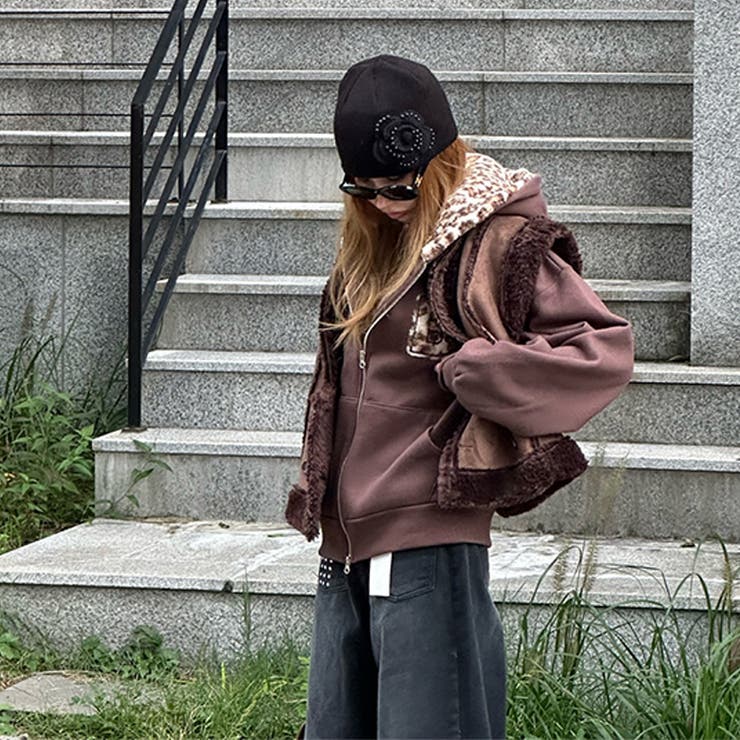 甘辛系ガールズ☆裏起毛厚手レオパード配色ワッペン英字パーカーアウター | 17kg | 詳細画像15 