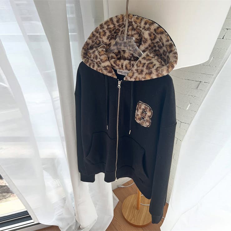 甘辛系ガールズ☆裏起毛厚手レオパード配色ワッペン英字パーカーアウター | 17kg | 詳細画像17 