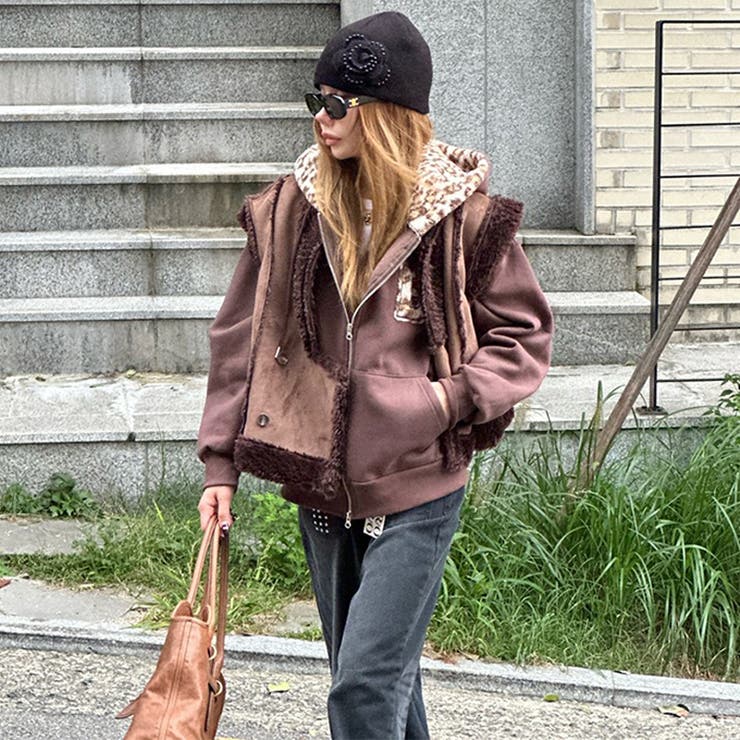 コーヒー(裏起毛) | 甘辛系ガールズ☆裏起毛厚手レオパード配色ワッペン英字パーカーアウター | 17kg