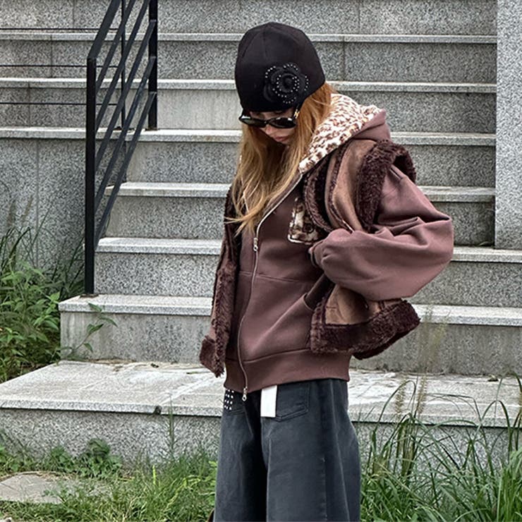 甘辛系ガールズ☆裏起毛厚手レオパード配色ワッペン英字パーカーアウター | 17kg | 詳細画像28 