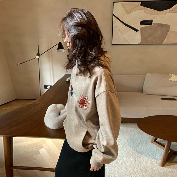 甘辛系ガールズ☆大サイズ花刺繍フード付きスウェットオーバーサイズアウター | 17kg | 詳細画像6 