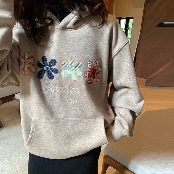 甘辛系ガールズ☆大サイズ花刺繍フード付きスウェットオーバーサイズアウター | 17kg | 詳細画像7 