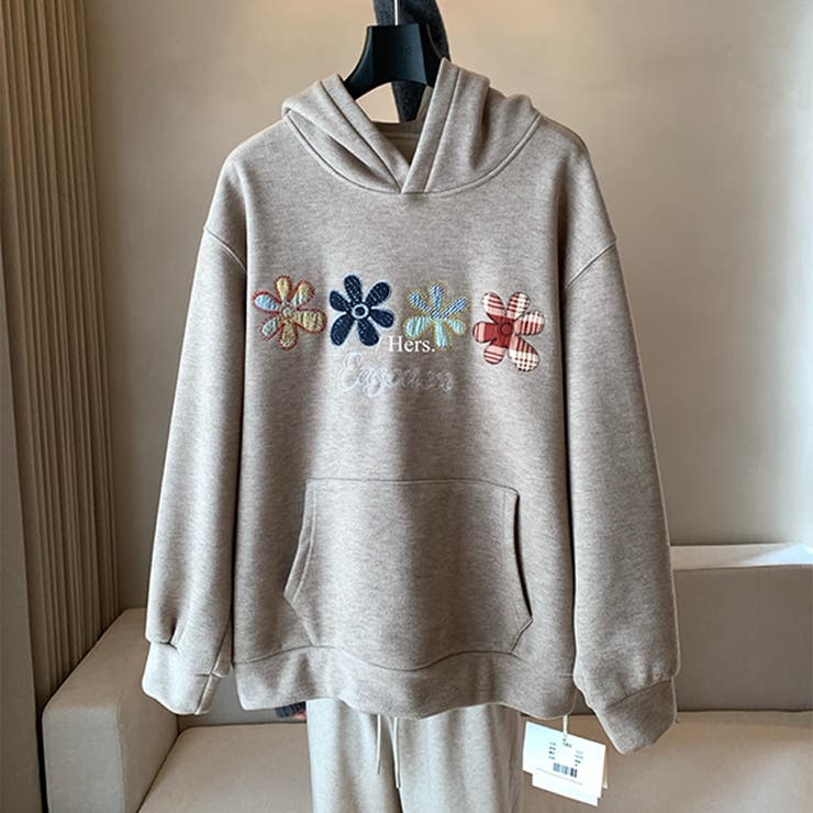 甘辛系ガールズ☆大サイズ花刺繍フード付きスウェットオーバーサイズアウター | 17kg | 詳細画像9 