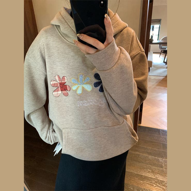 甘辛系ガールズ☆大サイズ花刺繍フード付きスウェットオーバーサイズアウター | 17kg | 詳細画像4 