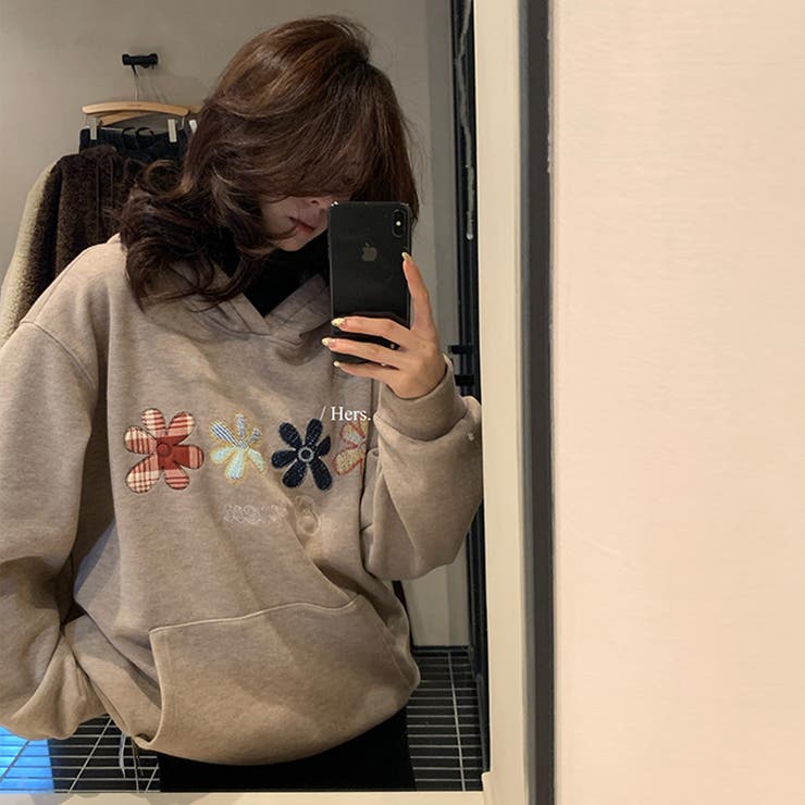 甘辛系ガールズ☆大サイズ花刺繍フード付きスウェットオーバーサイズアウター | 17kg | 詳細画像5 