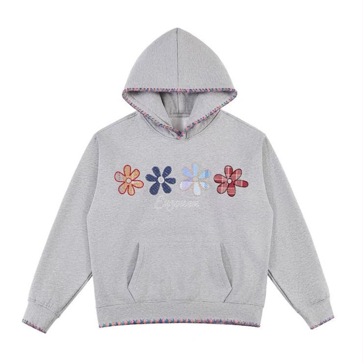 グレー(裏起毛無し) | 甘辛系ガールズ☆大サイズ花刺繍フード付きスウェットオーバーサイズアウター | 17kg