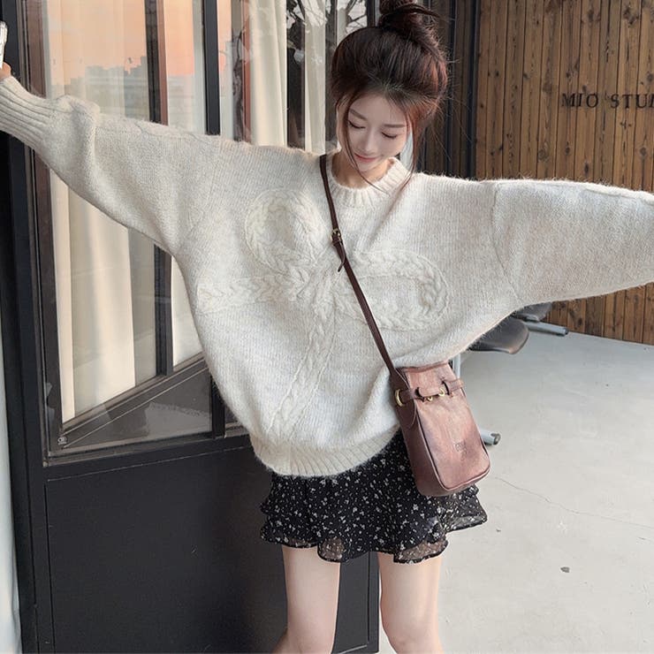 ゆるカワコーデ☆リボンニットこなれ感クルーネックセーター[品番