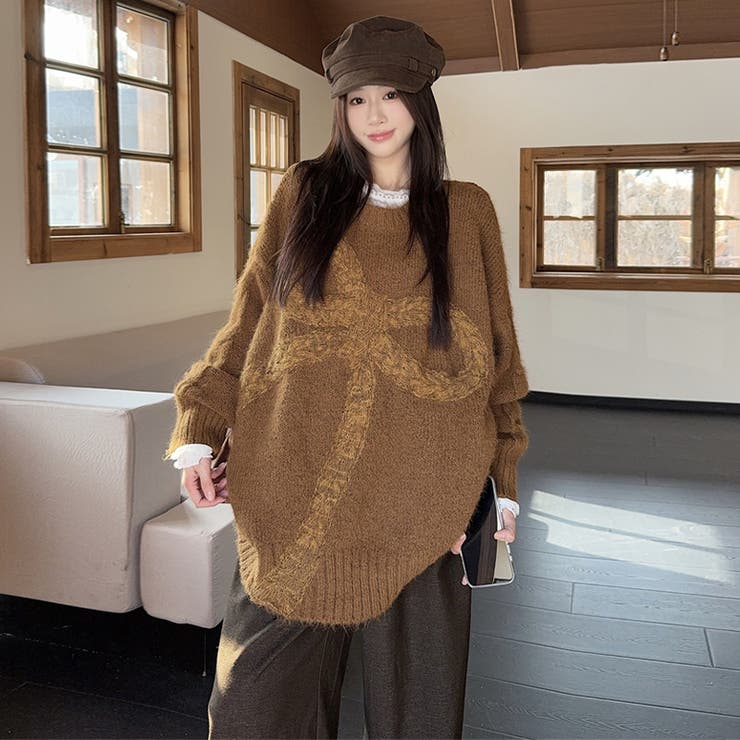 ゆるカワコーデ☆リボンニットこなれ感クルーネックセーター[品番
