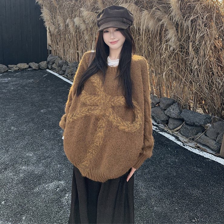 ゆるカワコーデ☆リボンニットこなれ感クルーネックセーター[品番