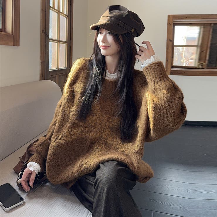 ゆるカワコーデ☆リボンニットこなれ感クルーネックセーター[品番 ゆるカワコーデ☆リボンニットこなれ感クルーネックセーター[品番