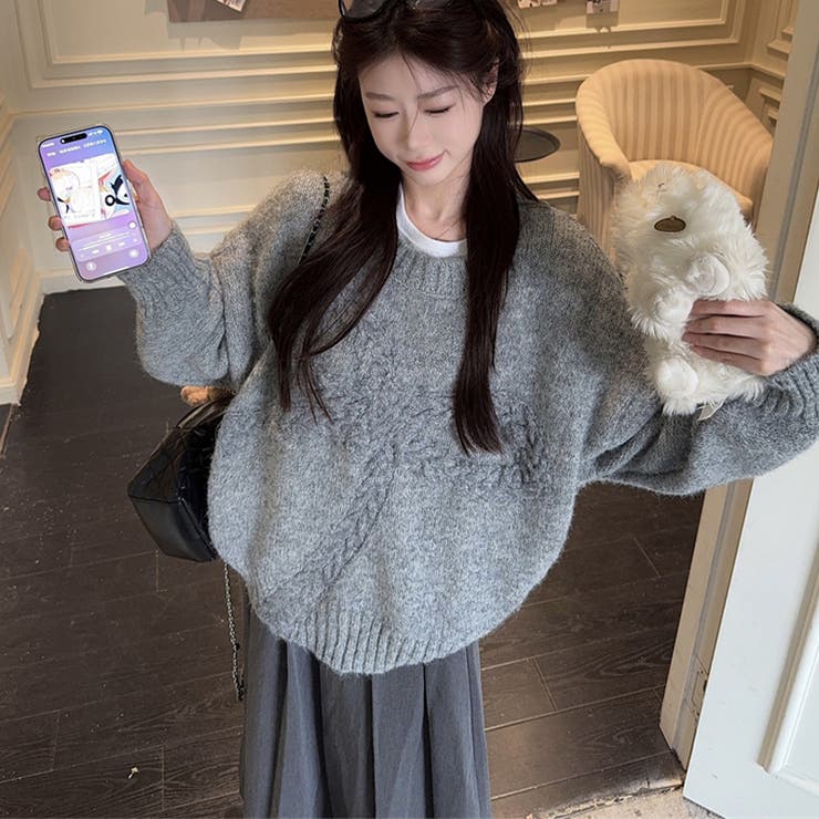 ゆるカワコーデ☆リボンニットこなれ感クルーネックセーター[品番