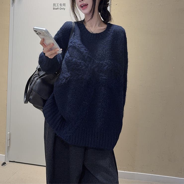 ネイビー | ゆるカワコーデ☆リボンニットこなれ感クルーネックセーター | 17kg
