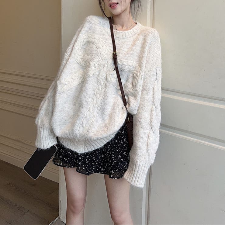 ベージュ | ゆるカワコーデ☆リボンニットこなれ感クルーネックセーター | 17kg
