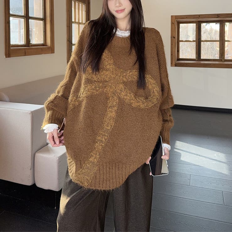 ゆるカワコーデ☆リボンニットこなれ感クルーネックセーター[品番