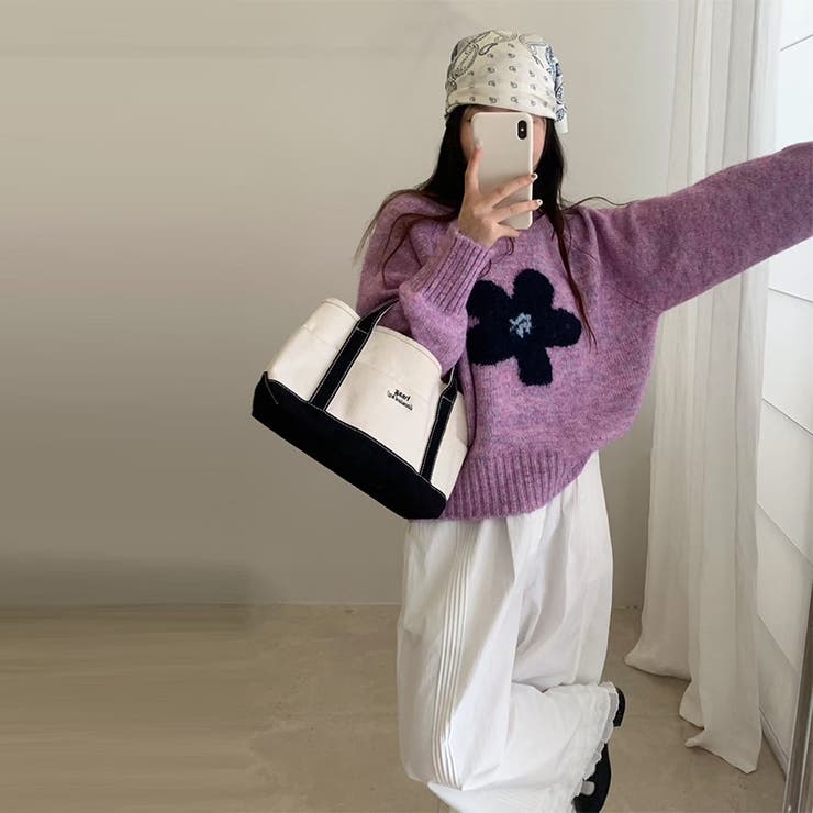 ゆるカワコーデ☆花柄ジャカードクルーネックニットショート丈プルオーバー | 17kg | 詳細画像1 