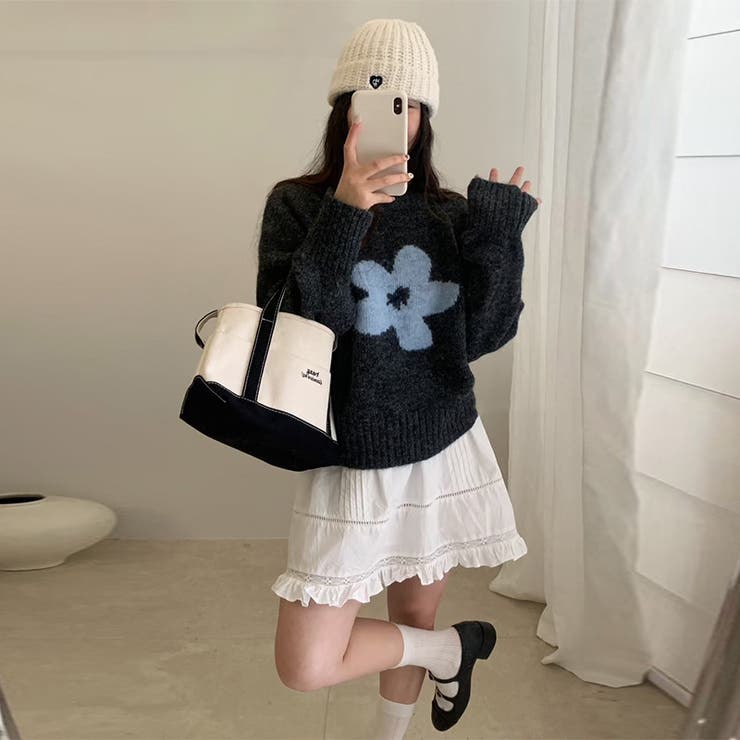 ダークグレー | ゆるカワコーデ☆花柄ジャカードクルーネックニットショート丈プルオーバー | 17kg