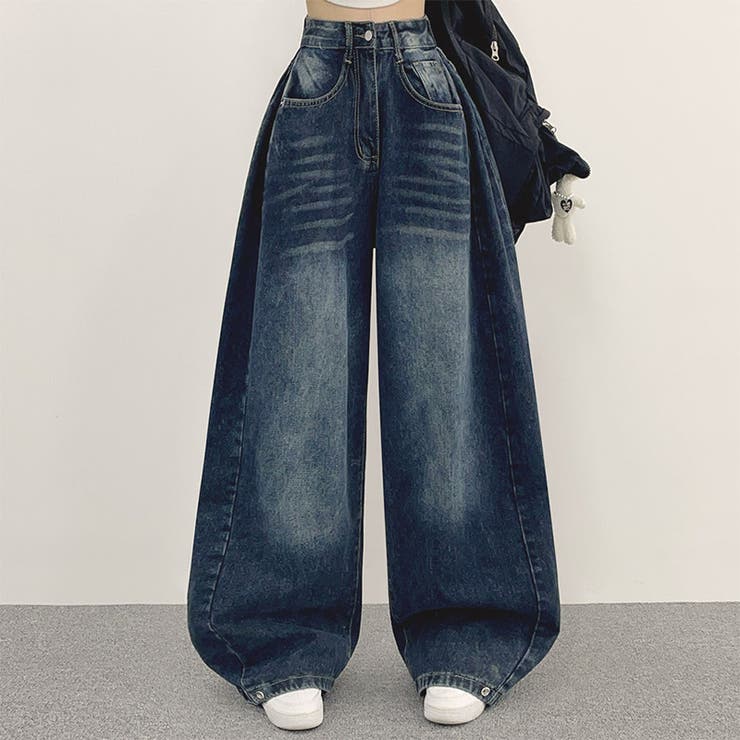 ブラック | ユニセックス☆ヴィンテージ加工ワイドデニムパンツ | 17kg