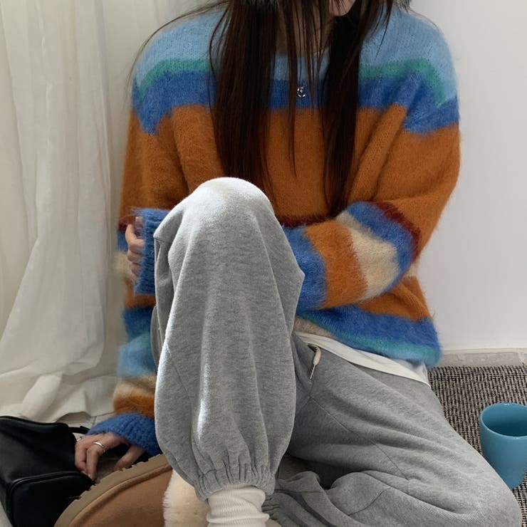 自由で個性的なスタイルを演出レインボー配色コントラストボーダーふわふわニットトッ… | 17kg | 詳細画像3 