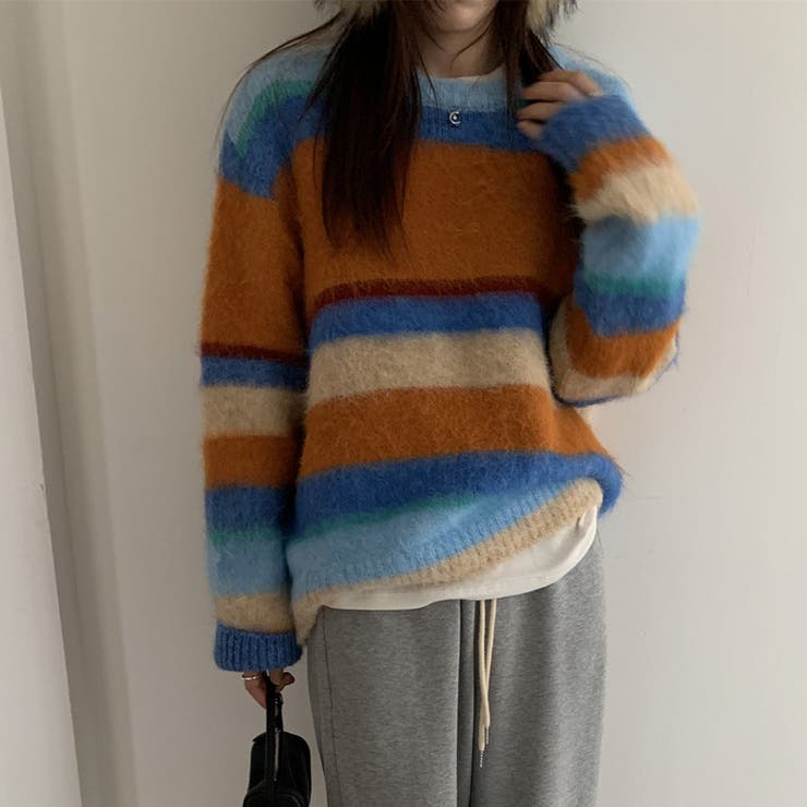 自由で個性的なスタイルを演出レインボー配色コントラストボーダーふわふわニットトッ… | 17kg | 詳細画像4 