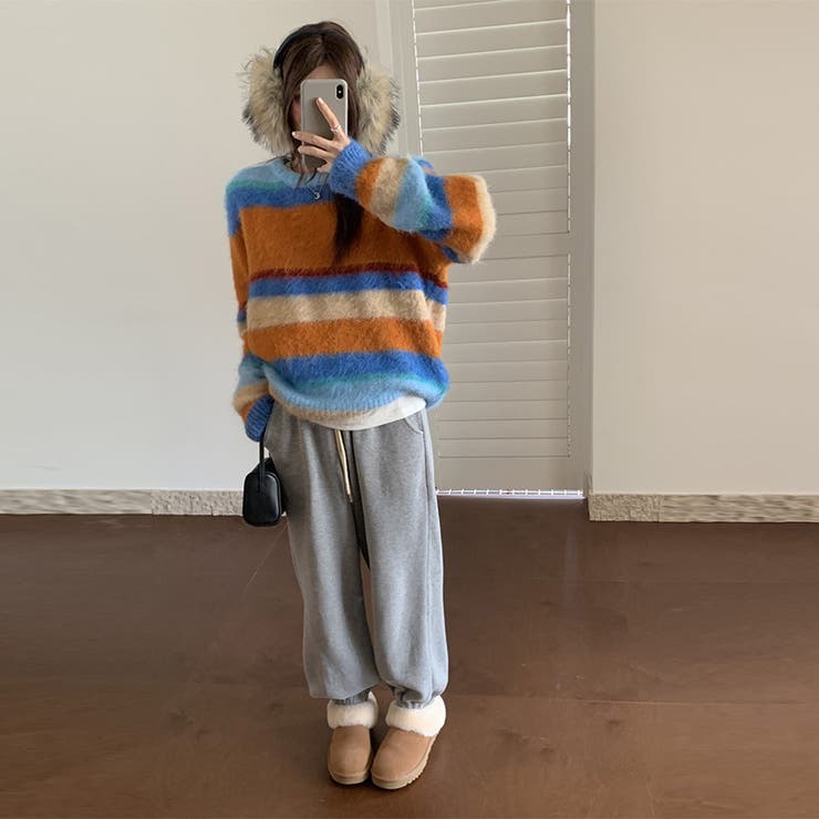 自由で個性的なスタイルを演出レインボー配色コントラストボーダーふわふわニットトッ… | 17kg | 詳細画像21 