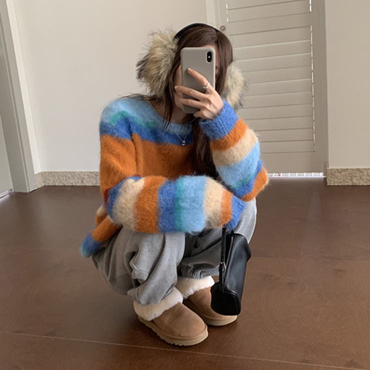 自由で個性的なスタイルを演出レインボー配色コントラストボーダーふわふわニットトッ… | 17kg | 詳細画像24 