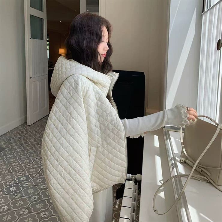 ミレニアル学園風☆軽量パフ菱形キルティングフード付き中綿ジャケット保温アウター | 17kg | 詳細画像1 