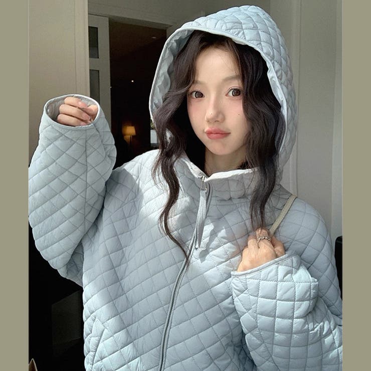 ミレニアル学園風☆軽量パフ菱形キルティングフード付き中綿ジャケット保温アウター | 17kg | 詳細画像5 